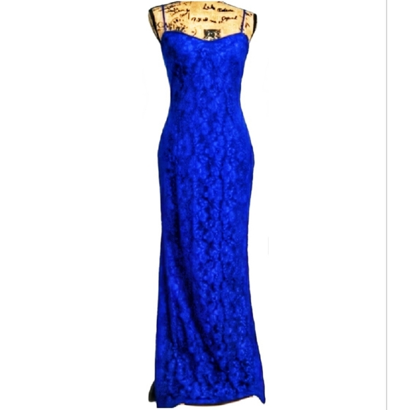 Steppin' Out L Blue Lace side Slit spaghetti strap evening dress - Picture 1 of 9
